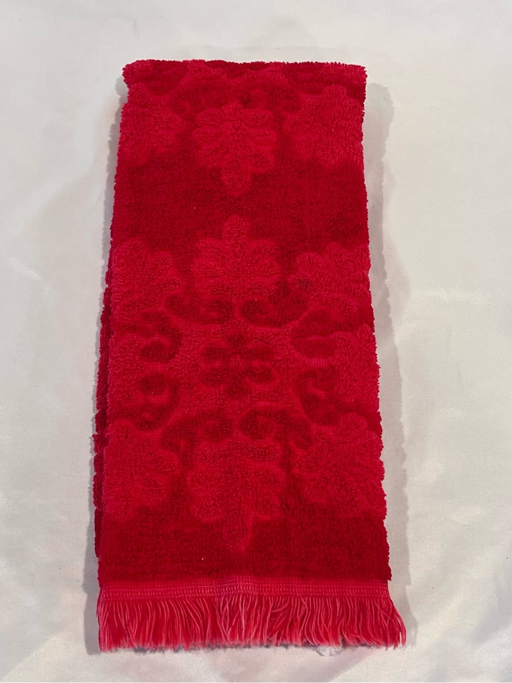 Vintage Cannon Royal Family Red Hand Towel Floral Fringe